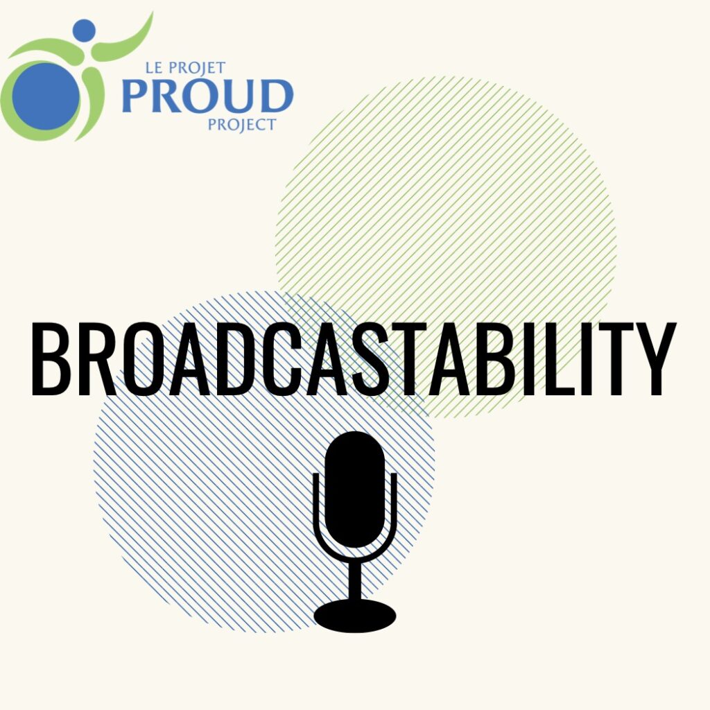 The cover art for Broadcastability. It features the PROUD Project logo in the top left corner. The word "Broadcastability" is in large black font in the middle of the square. There is the black silhouette of a podcasting microphone under the podcast name.